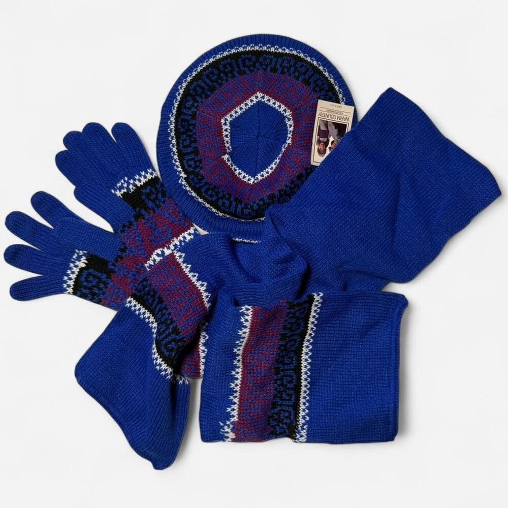 Blue and purple vintage 80s knit set with matching hat and mittens